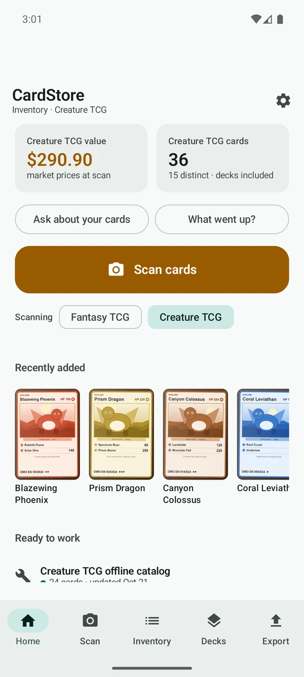 CardStore home screen showing the total value and card count of one game's inventory, a Scan cards button, and recently added cards