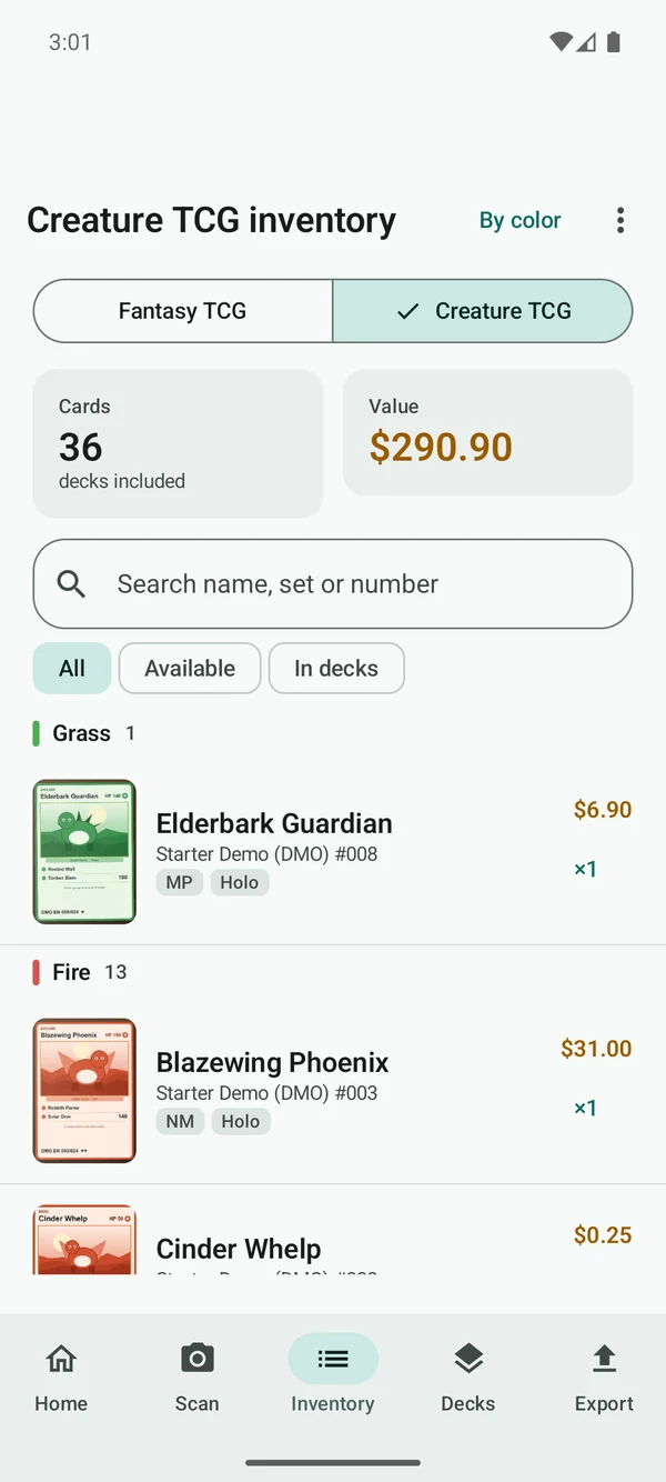 Inventory list with a search box for name, set or number, filters for all, available and in-deck cards, and each card's condition, finish, price and quantity