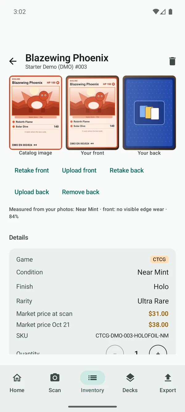 Item screen for one card showing the catalog image beside photos of the front and back of your copy, with its condition, finish, rarity, market price and SKU