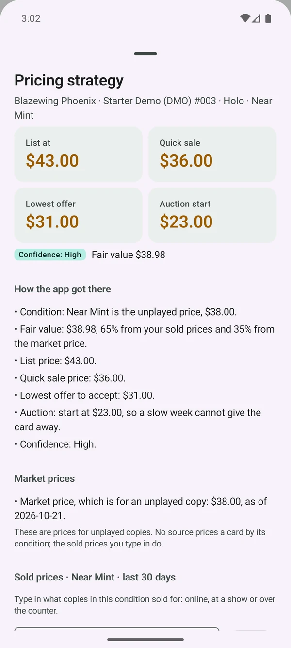 Pricing screen for one card listing a list price, a quick-sale price, a lowest offer and an auction starting price, with a plain-language breakdown of how each was reached