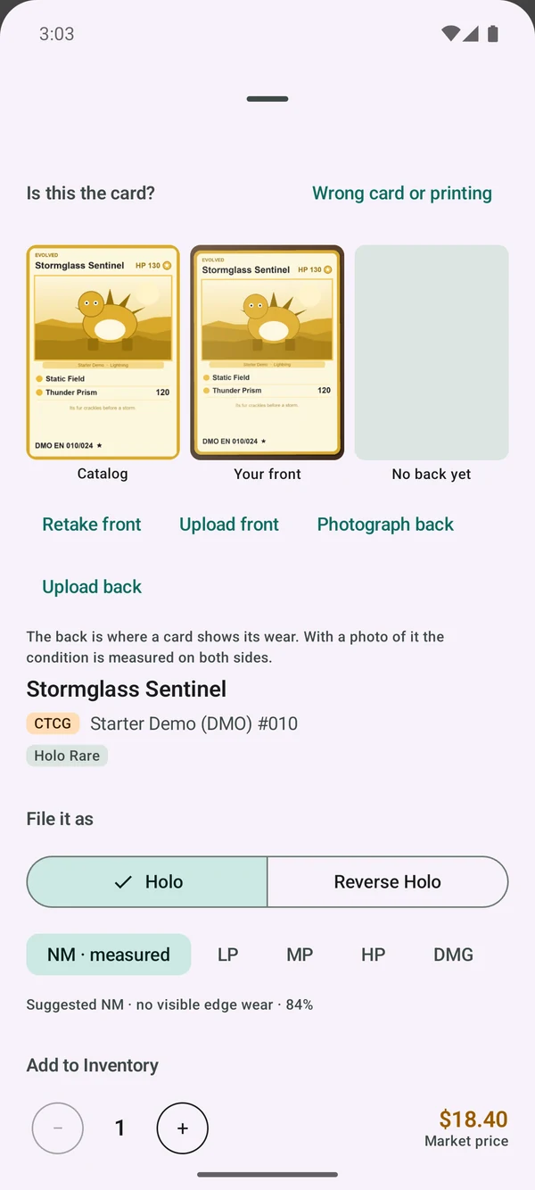 Confirmation sheet after a scan, asking “Is this the card?”, with the catalog image beside the photo, a choice of finish and condition, a quantity and the market price