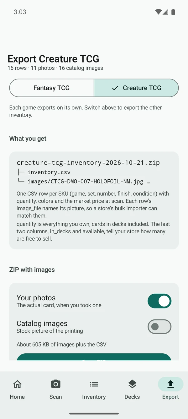 Export screen describing the download: a ZIP file holding an inventory CSV with one row per card, plus optional card photos and catalog images
